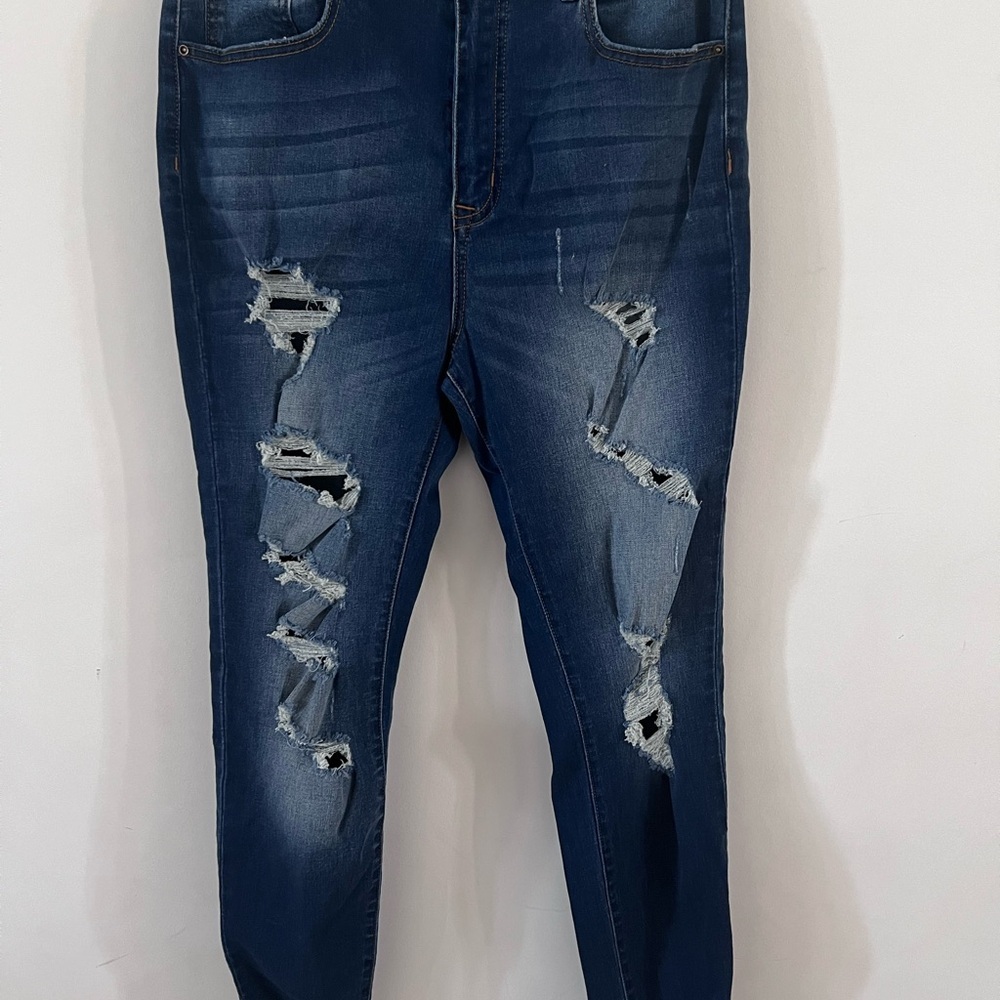 Fashion Nova Dark Blue Distressed Skinny Jeans | Size 13| - Picture 2 of 6